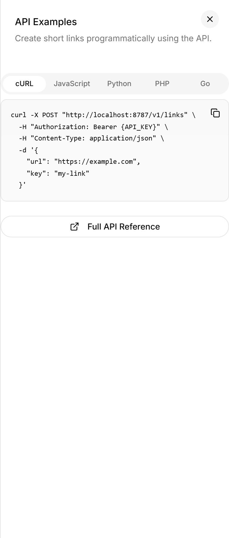 API Examples panel with a cURL request
