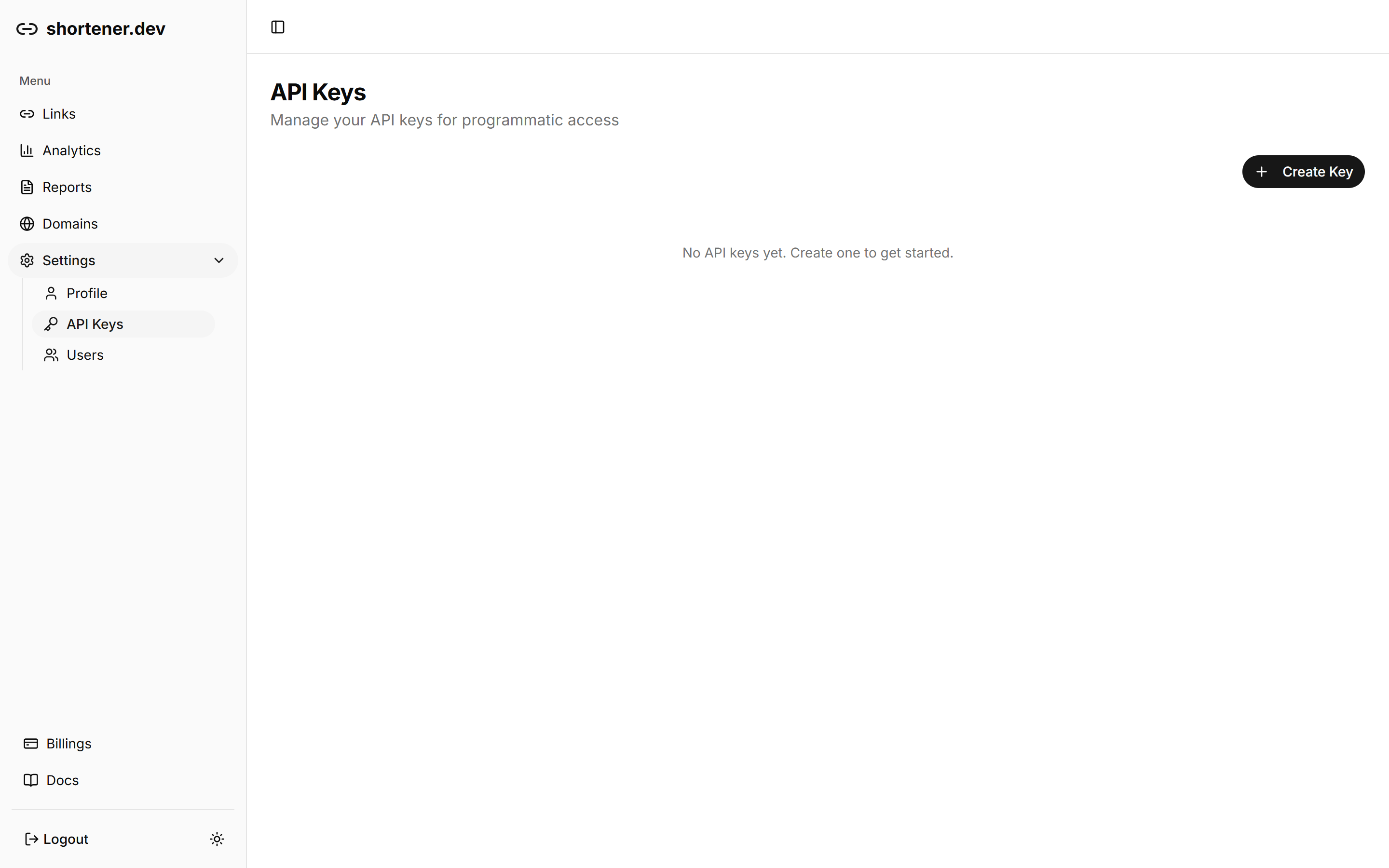 API Keys page