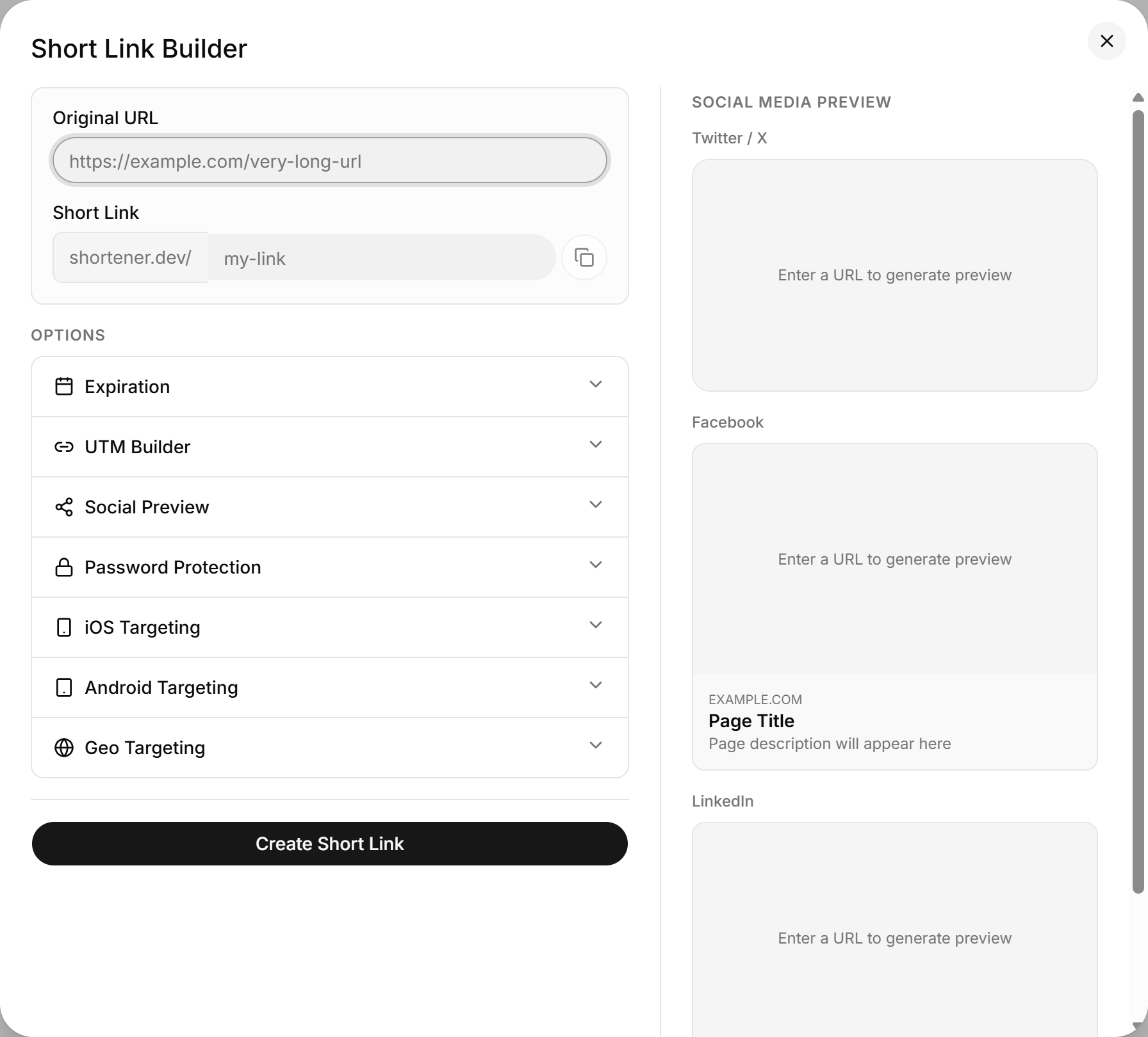 Short Link Builder with an empty form