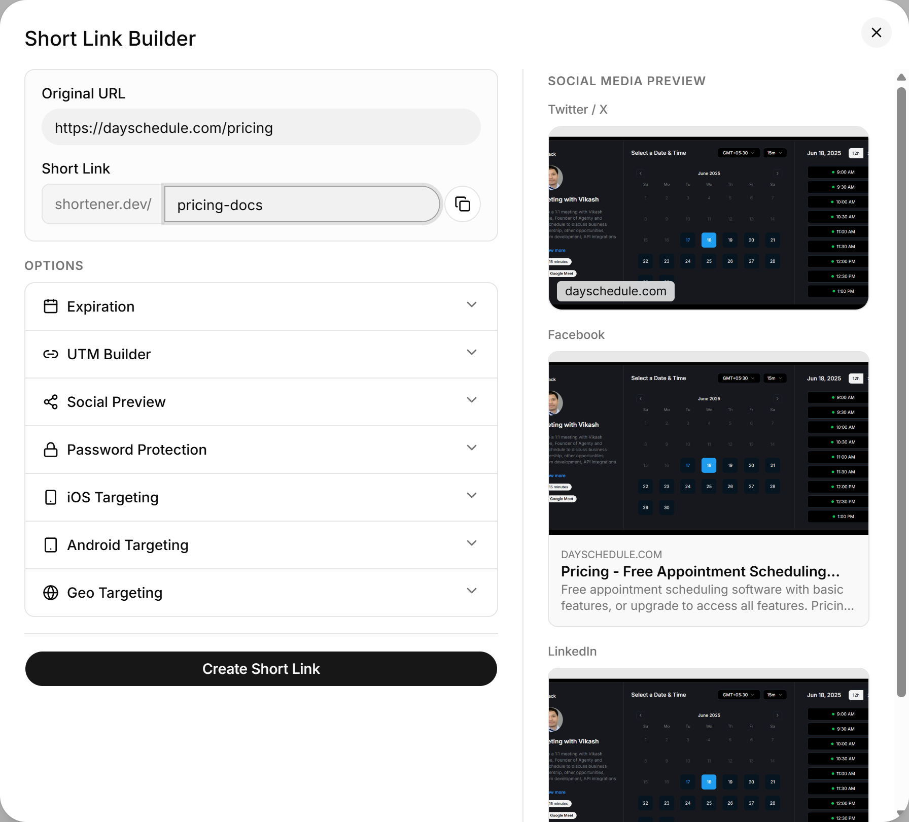 Link builder filled in with a destination URL and custom back-half