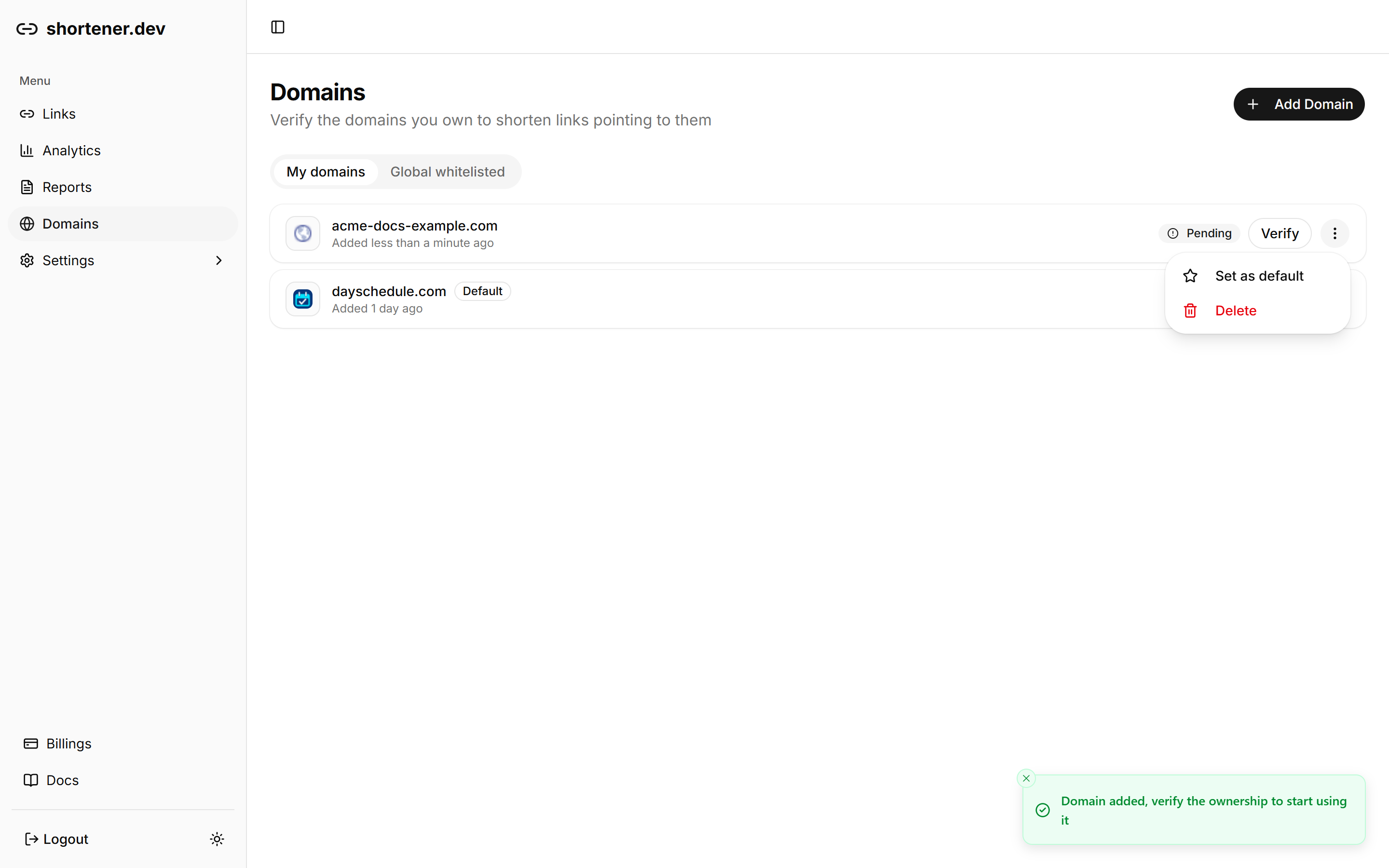 Domain actions menu