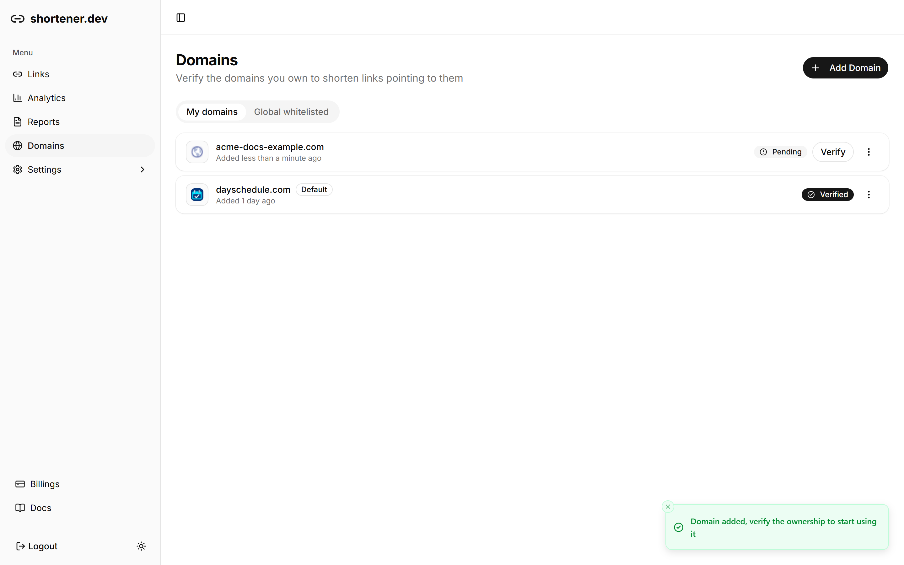 A pending domain with the Verify button