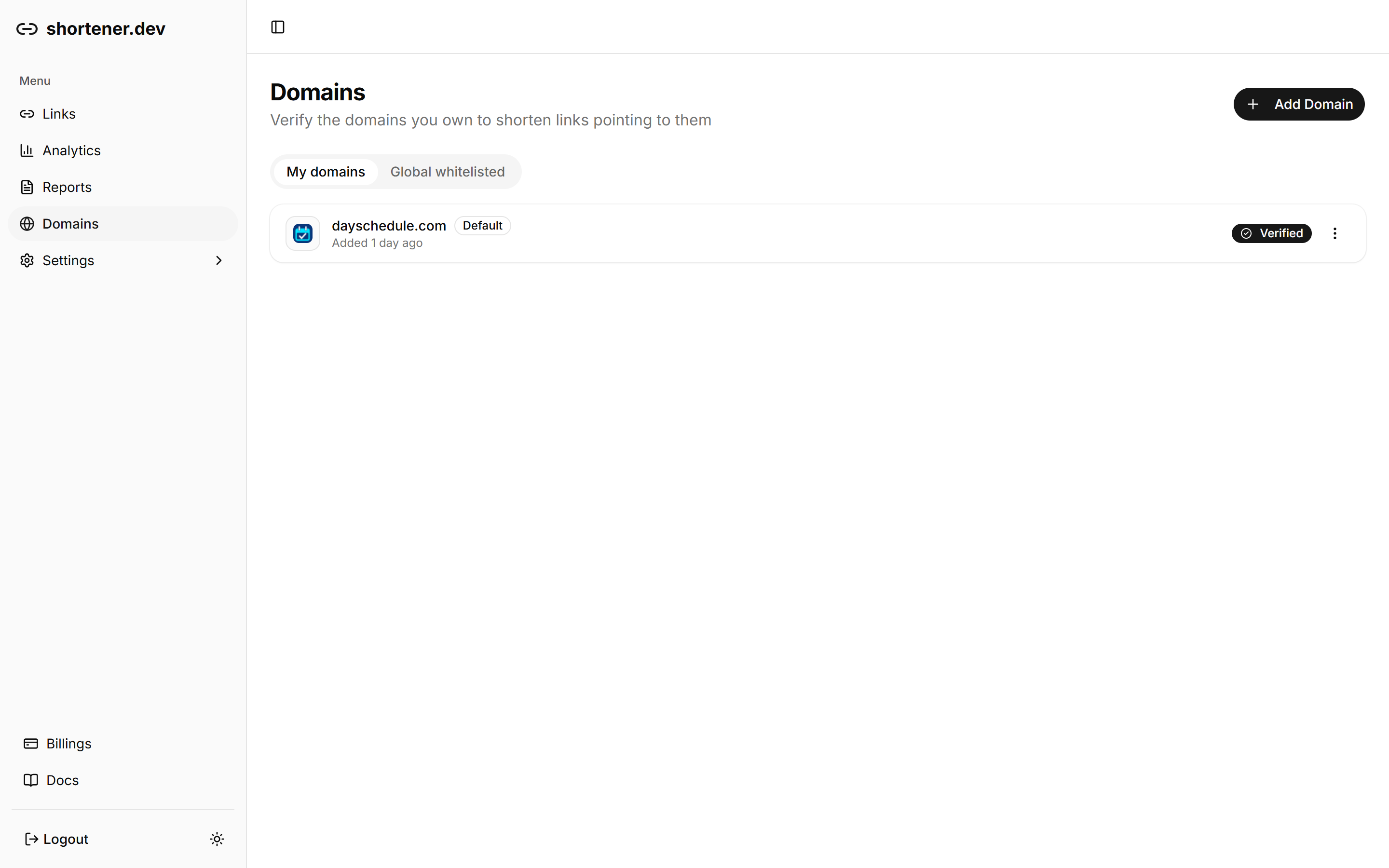 My domains tab on the Domains page