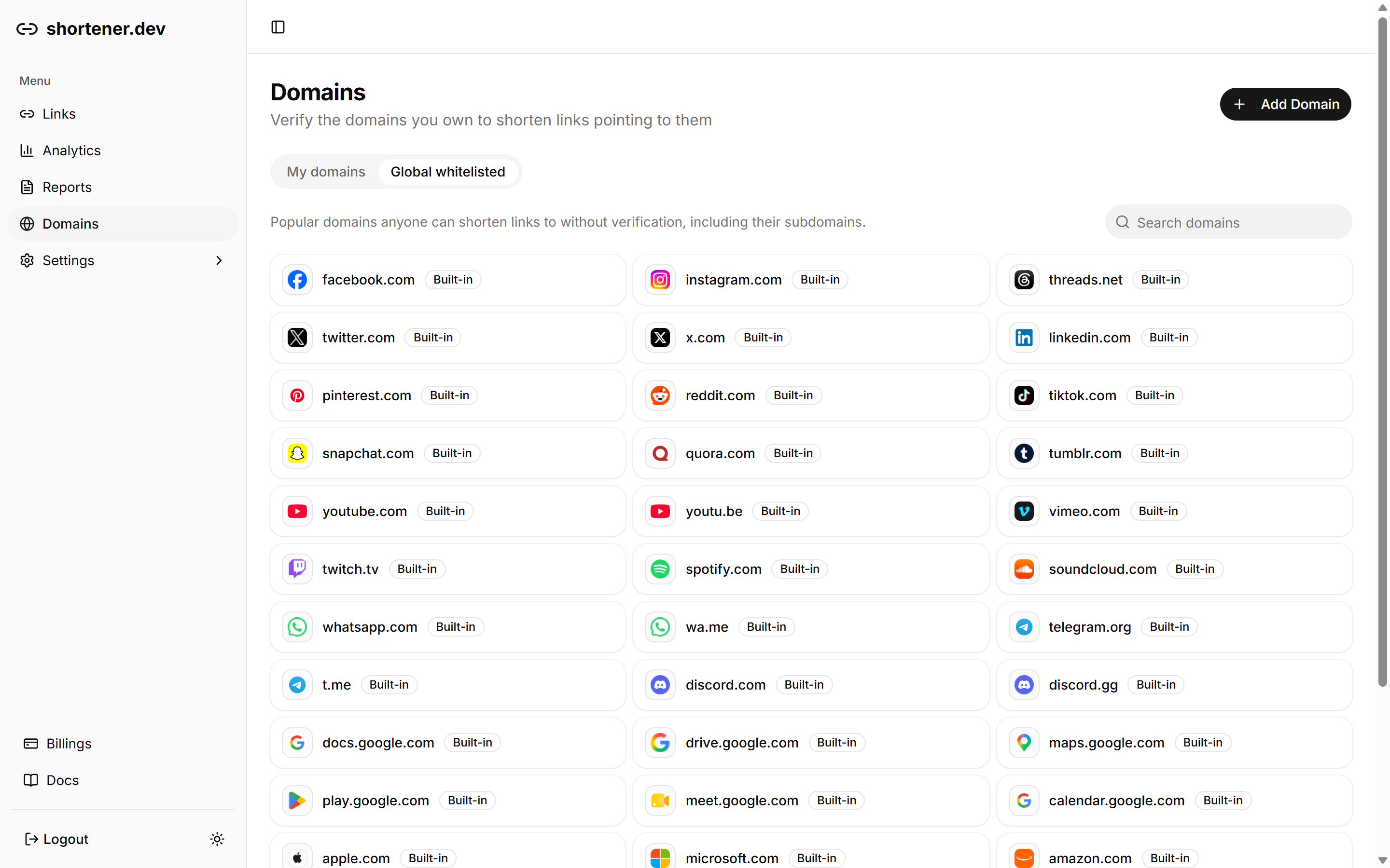 Global whitelisted domains