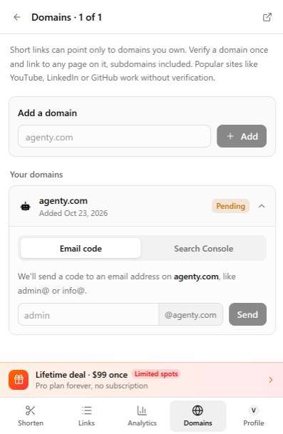 Adding and verifying a domain in the Domains tab
