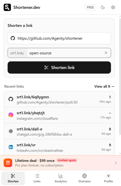 The Shorten tab with the current page filled in and a custom back-half