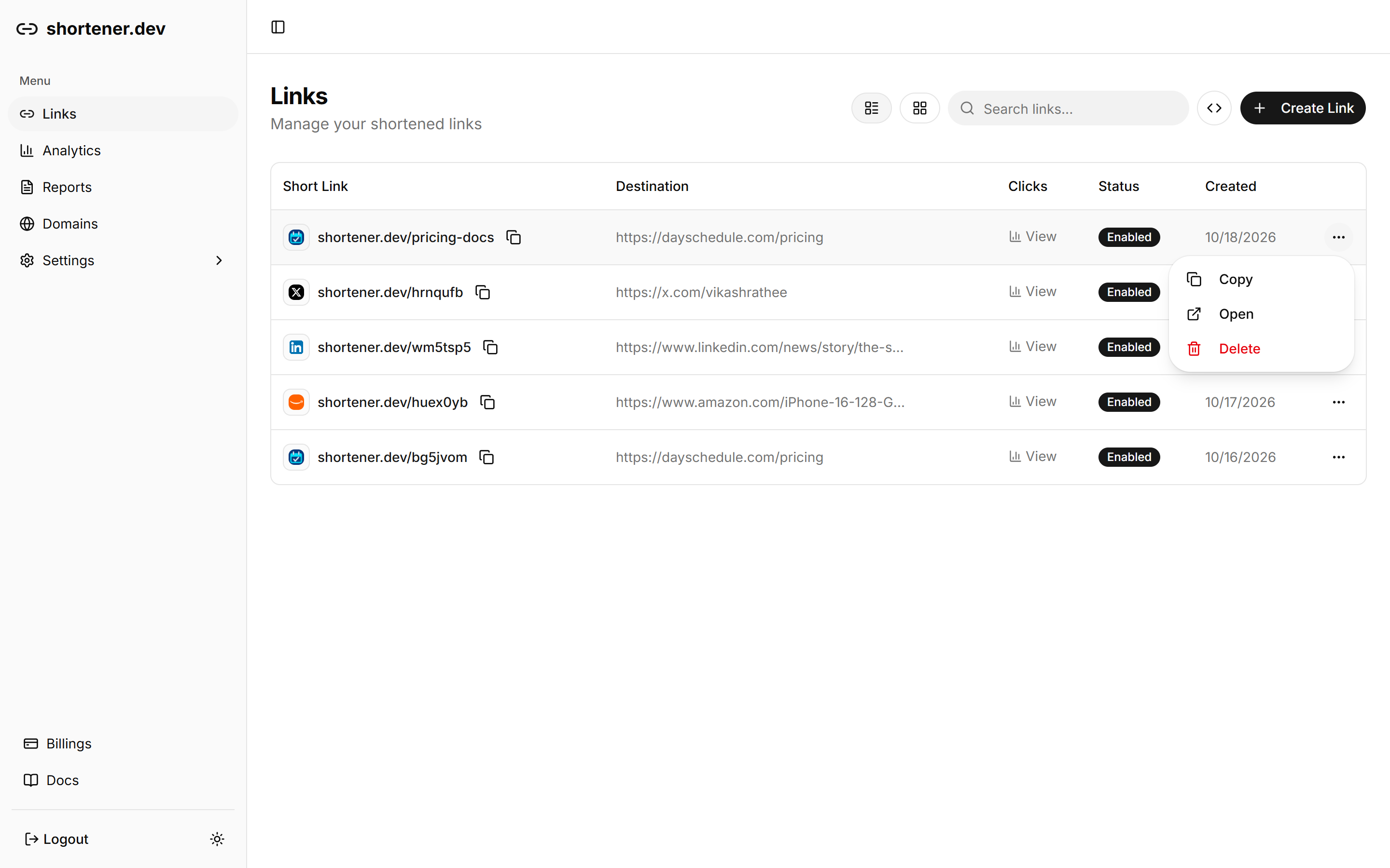 Actions menu for a short link