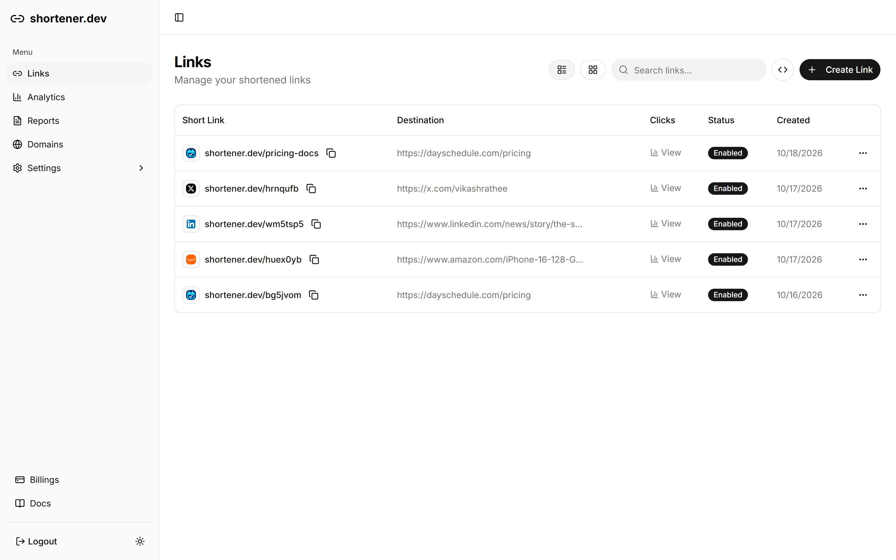 The Links page in the Shortener.dev dashboard