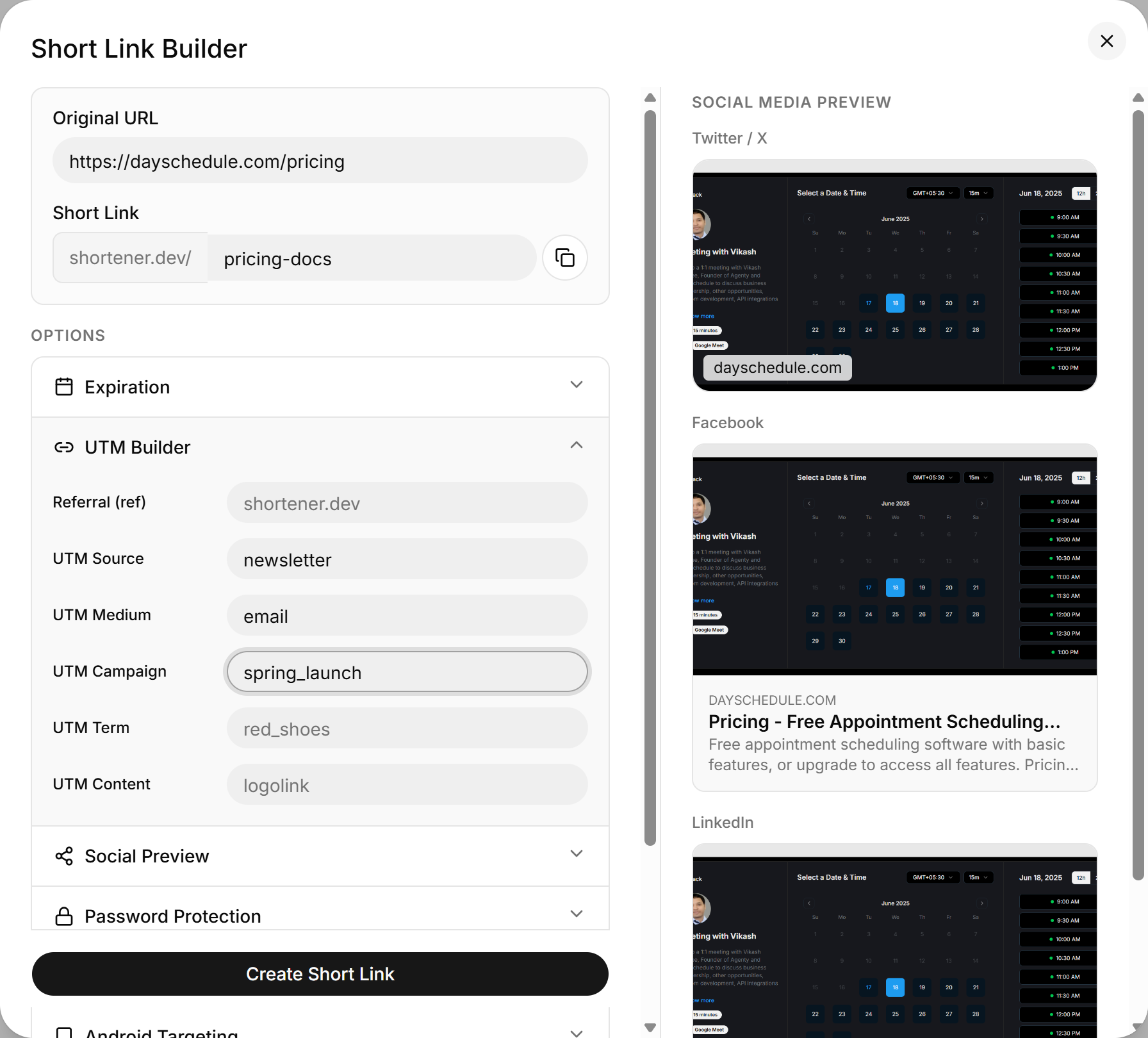 UTM Builder with source, medium and campaign filled in
