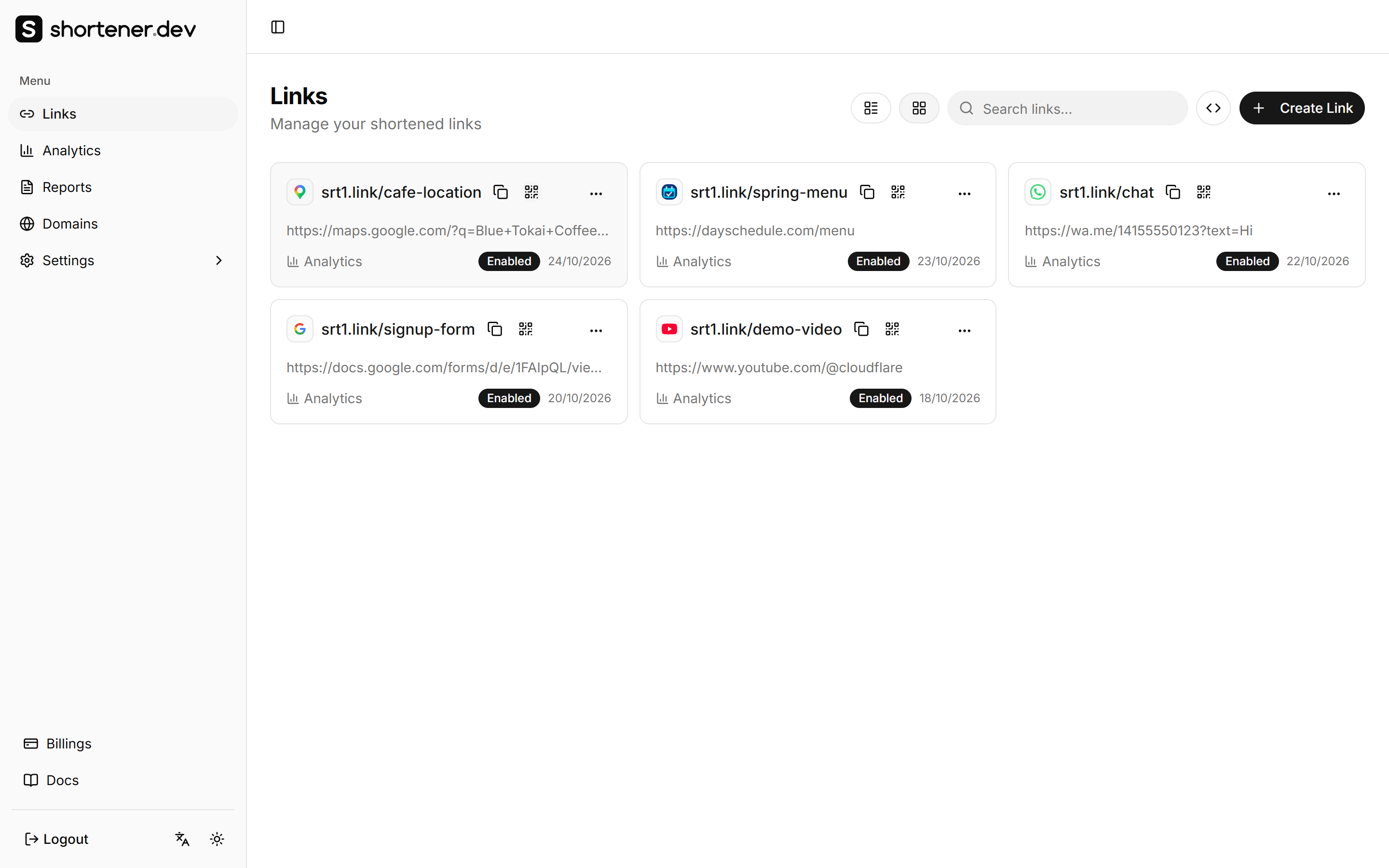 QR icon next to the copy icon on each short link