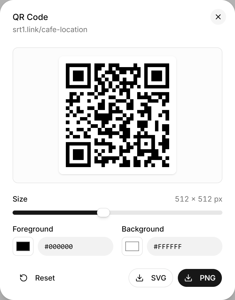 QR Code dialog with the default size and colors