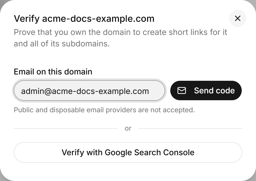 Verify domain dialog with an email on the domain