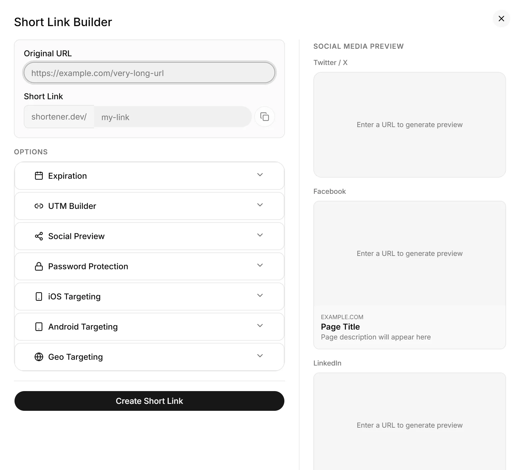Short link builder with expiration, UTM, social preview, password and targeting options