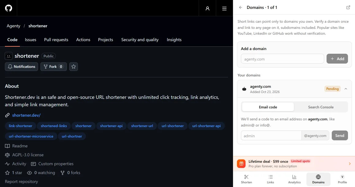 Domains in the Shortener.dev extension side panel