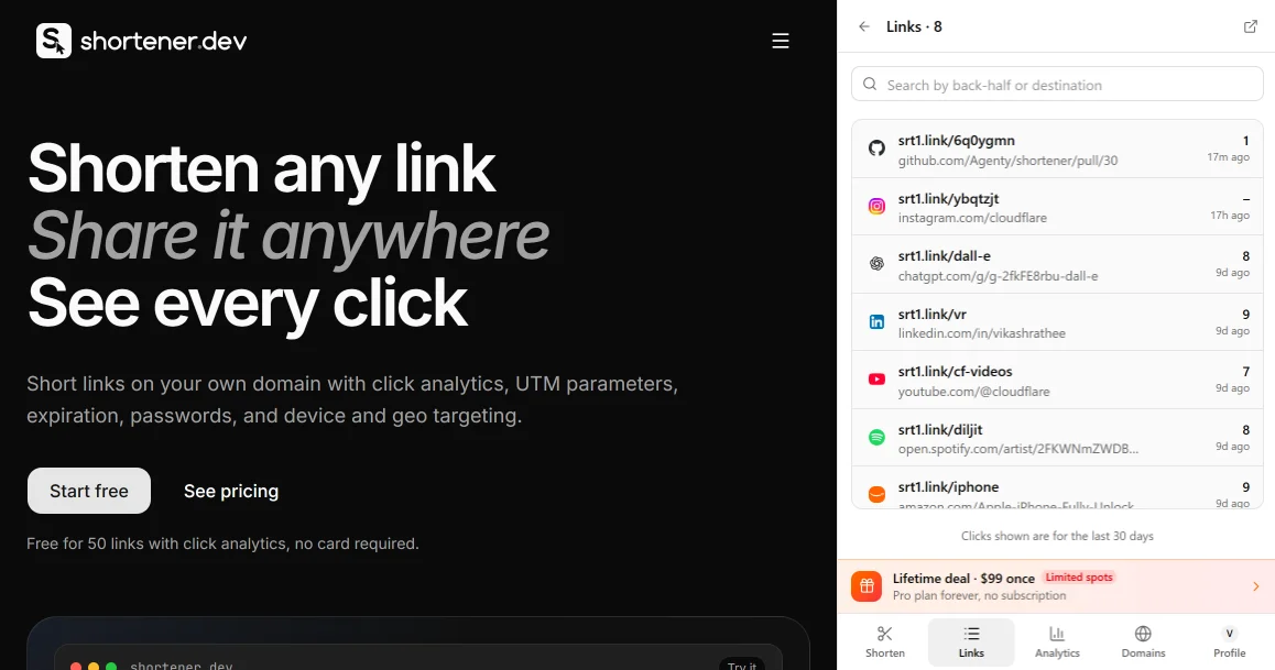 Links in the Shortener.dev extension side panel