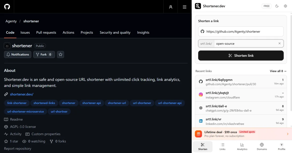 The Shortener.dev side panel next to a GitHub page, with the page URL filled in and a custom back-half